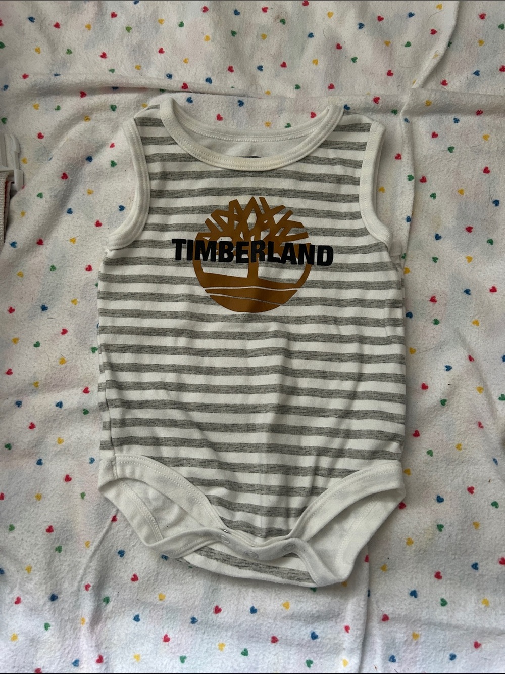 Timberland Gray & White Striped Baby Bodysuit with Logo